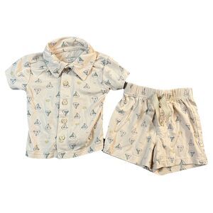 Milkberry 2PC Short Set Button Up Shirt Beige Blue Sailboat Print 0-3M Bamboo